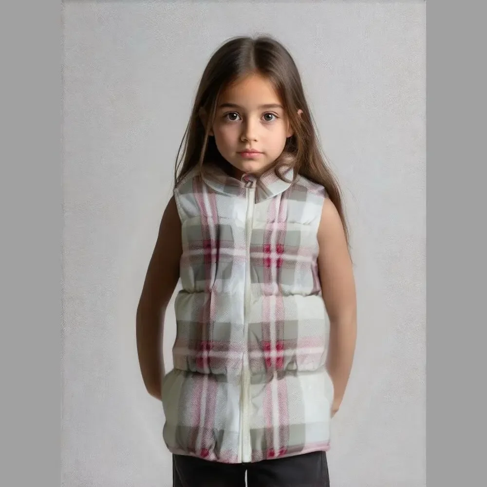 Old Navy Girls Vest Size Small 6 7 Frost Free White Pink‎ Gray Plaid Puffer
